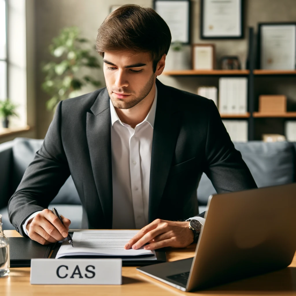 DALL·E 2024-05-10 11.29.12 - A person preparing for a CAS interview in a well-lit, modern office setting. The person is dressed in professional attire, sitting at a desk with a la